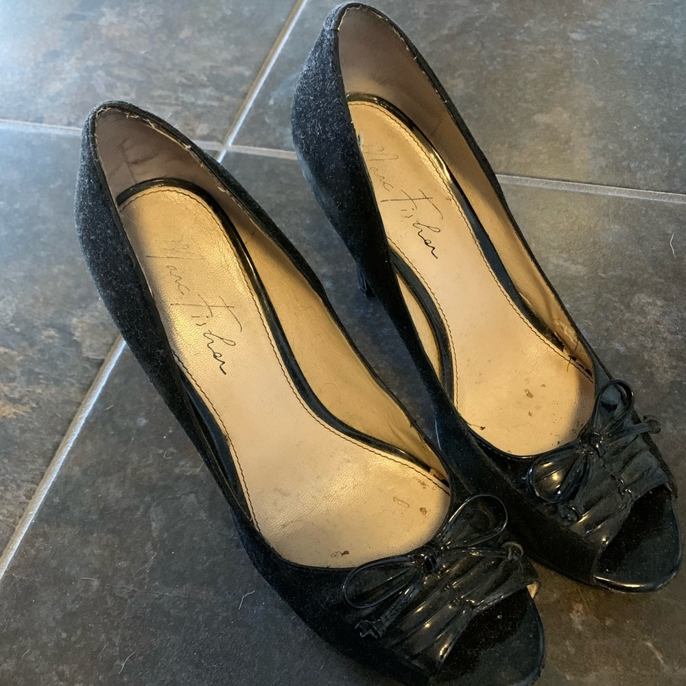 Black Suede Marc Fisher Open Toe Heel